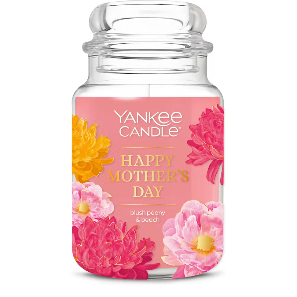 Yankee Candle Mother's Day candle with floral design on a white background