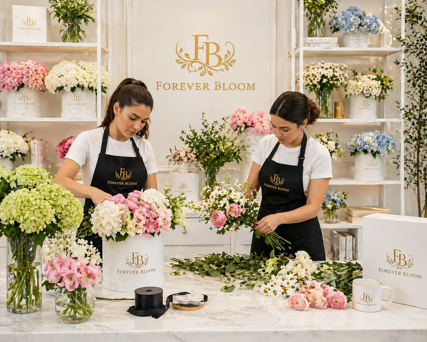 Two women working in a floral shop with 'Forever Bloom' branding.