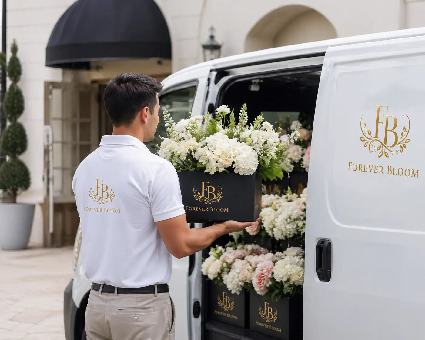 Florist holding a box of flowers in front of a white van with 'Forever Bloom' branding.