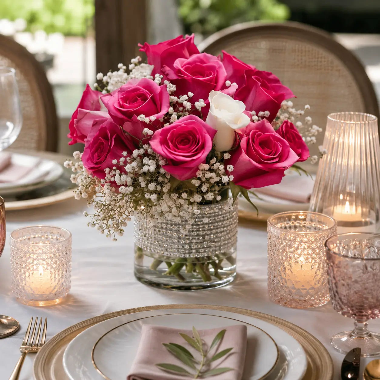 Decorative table setting with pink roses, candles, and glassware.