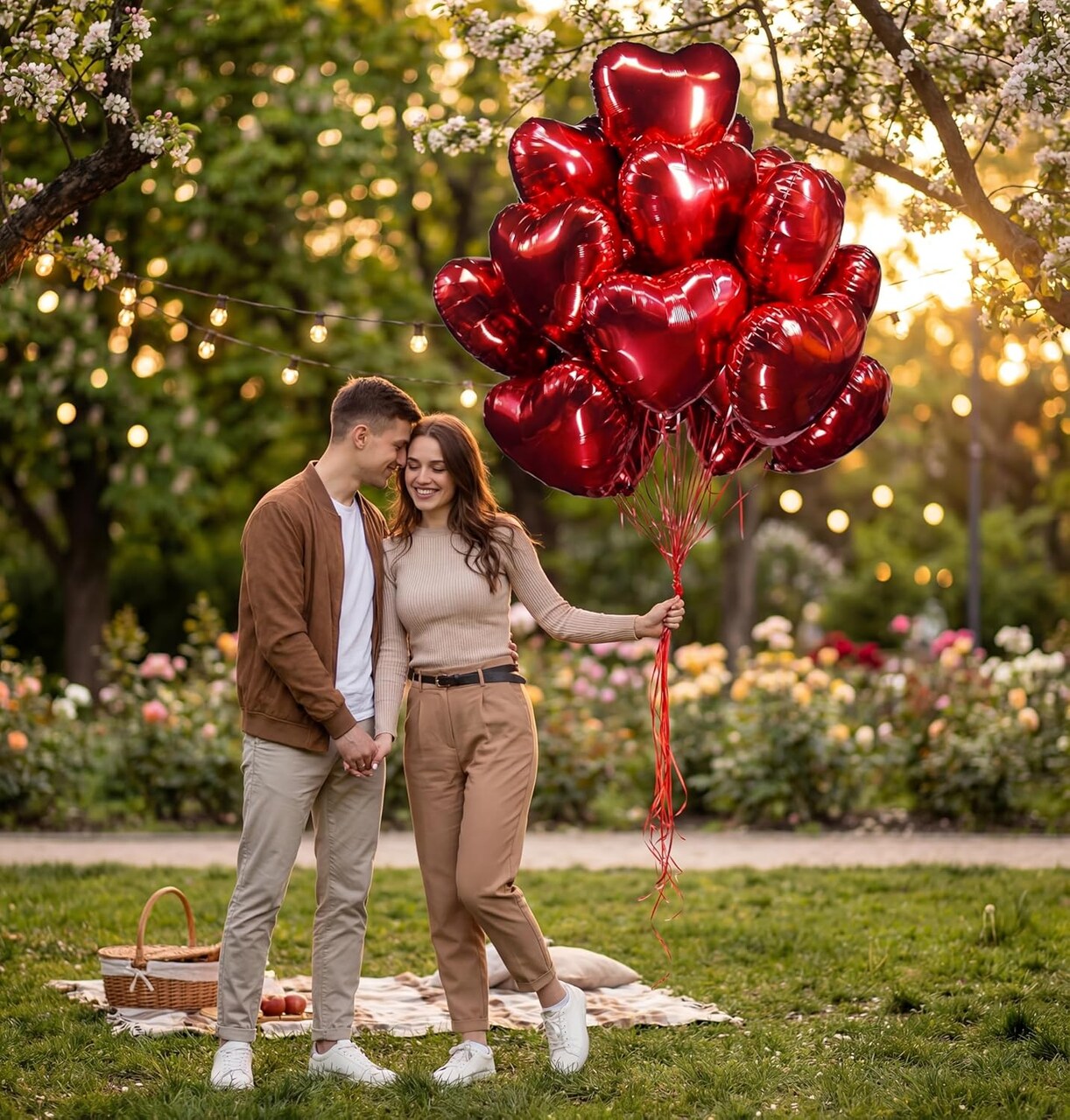 Couple holding red heart-shaped balloons in a park setting with flowers and lights.