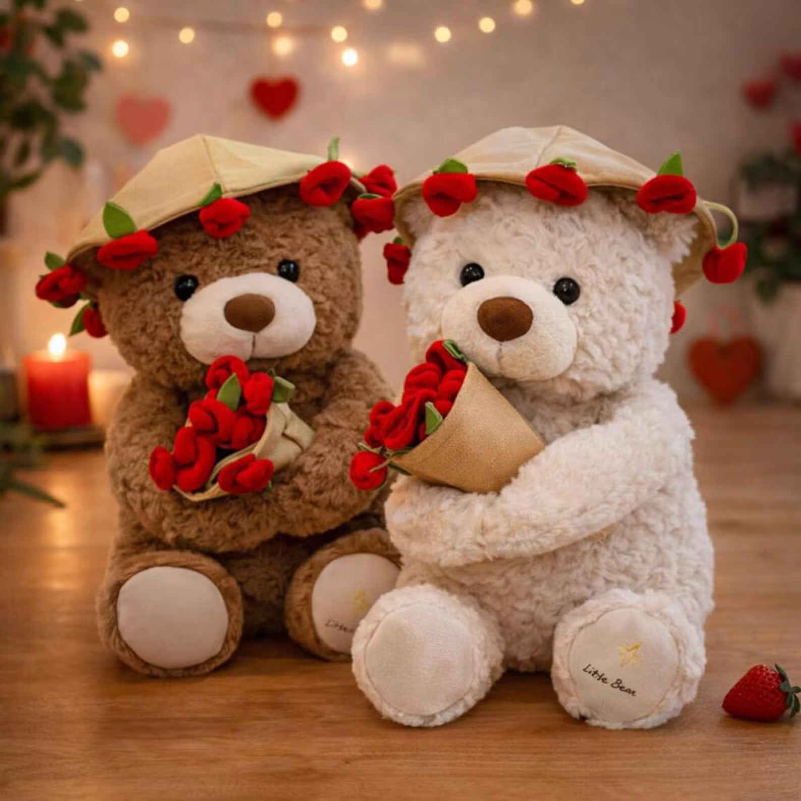Two teddy bears wearing hats with red flowers, holding flower baskets on a wooden floor.