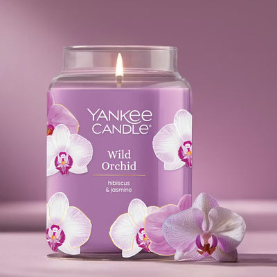 Yankee Candle Wild Orchid candle with a lit wick on a pink background