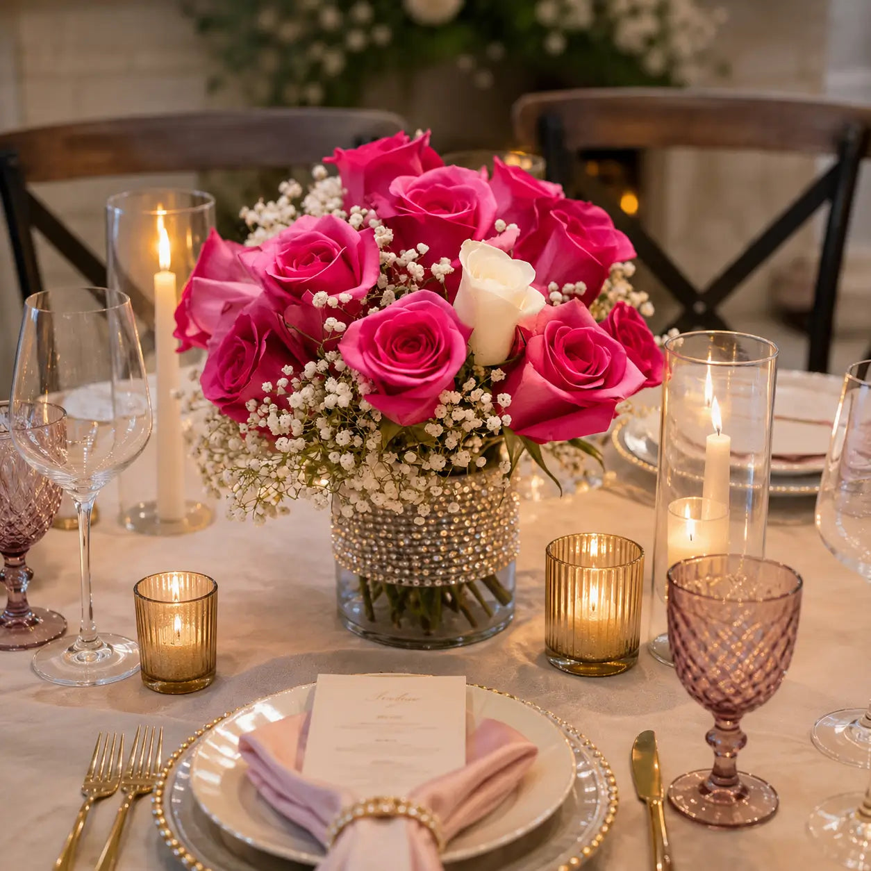 Decorative table setting with pink roses, candles, and glasses.